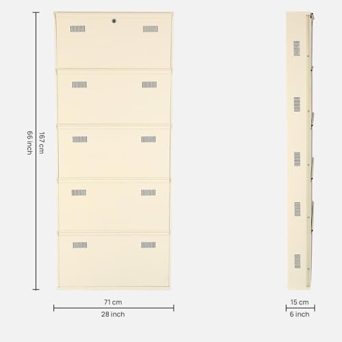 Image of Metal Shoe Rack Wall Mounted for Home with Central Locking | 5 Door 28 inch Wall Mounted Metal 15 Pair Shoe Rack Cabinet | Pre-Assembled Rack Shelves | 3 Year Warranty (Ivory)