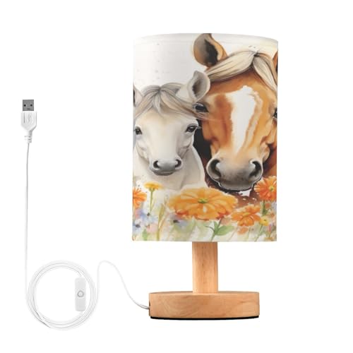 SDMKA Watercolor Wild Horses Bedside Table Lamp for Bedroom, Minimalist Nightstand Lamp with Round Fabric Shade for Living Room, Office, No Bulb Required