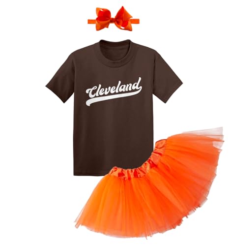 Cleveland - Baseball Jersey Style Script Toddler T-Shirt + Tutu Skirt + Bow Headband Set (Brown T-Shirt/Orange Tutu, 5T)