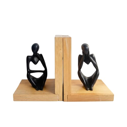 Image of eCraftIndia Wooden Book End with Resin Thinker Statues Showpiece for Home Decor Office Table | Gift for Housewarming Birthday