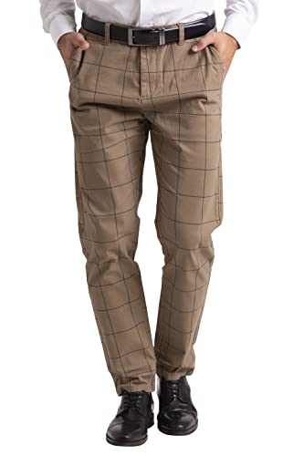 Men's Slim-Fit Plaid Checkered Pants - Flat-Front Comfort Chino Pants for Men
