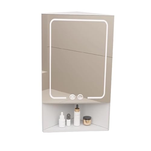 Eck-Medizinschrank mit Spiegel und Beleuchtung, offenes Ablagefach, verspiegelter Medizinschrank mit, Keine Montage erforderlich, Verkabelung erforderlich, geeignet für Badezimmer, Schla
