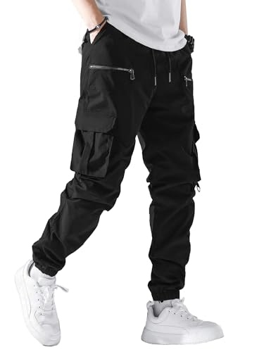 PLEPAN Men's Casual Cargo Pants Waist Drawstring Joggers Pants, Black, L