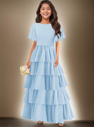MAGGCIF Tiered Chiffon Junior Bridesmaid Dresses with Bow Short Sleeve A-Line Flower Girl Dresses Party Pageant Gowns4
