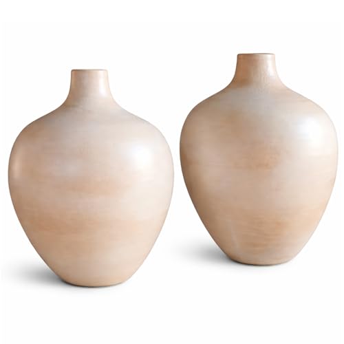 Jarrones Decorativos Modernos Set 2 Piezas de cerámica Beige 35 y 30 cm, diseño esférico Tipo damajuana con Cuello Estrecho, Elegante Centro de Mesa Decorativo Salon y florero Minimalista