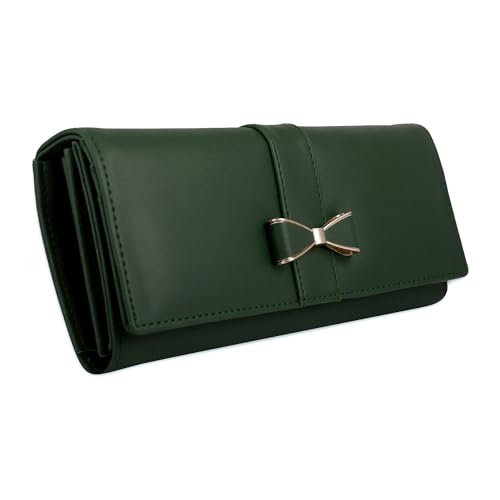 ALSU Women’s Wallet Clutch | Elegant PU Leather Purse with Bow Design | Stylish Long Wallet for Girls & Ladies | Multi-Compartment Travel Wallet (Green)