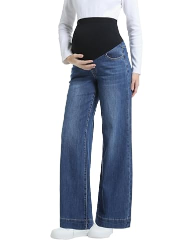 Gowjog Jean de grossesse pour femme avec jambes larges au-dessus du ventre - Jean de grossesse en denim avec poches, bleu foncé, M