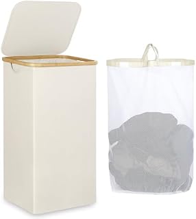 iEGrow Laundry Hamper 110L, Laundry Basket with Lid and Handle, Collapsible Laundry Baskets with Removable Inner Bag, Bamboo Washing Basket for Bedroom Bathroom Laundry Room (Light Grey)