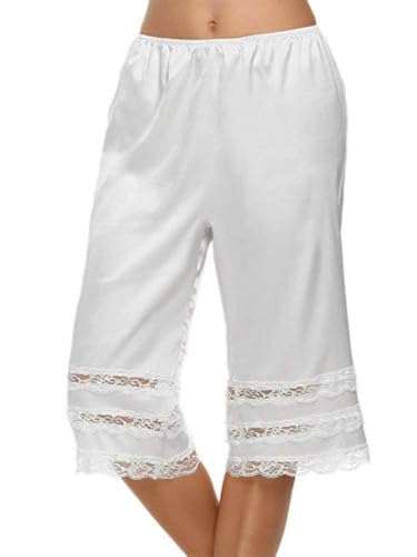 NUFIWI Lace Trim Bloomers for Women Satin Slip Shorts Culottes Pettipants Under Skirt Elastic Lingerie Underwear(Lace White XL)