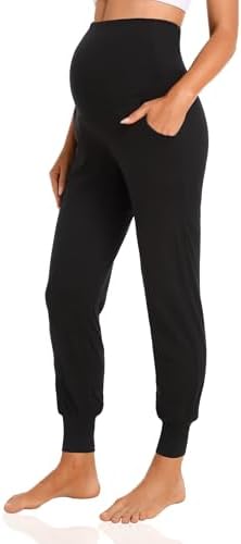 V VOCNI Women's Maternity Pants Maternity Activewear Jogger Track Cuff Sweatpants Over The Belly Stretchy Pregnancy Pants Black Medium