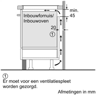 Diagram illustrating ventilation requirements for cooktop installation above a drawer, showing minimum clearances.