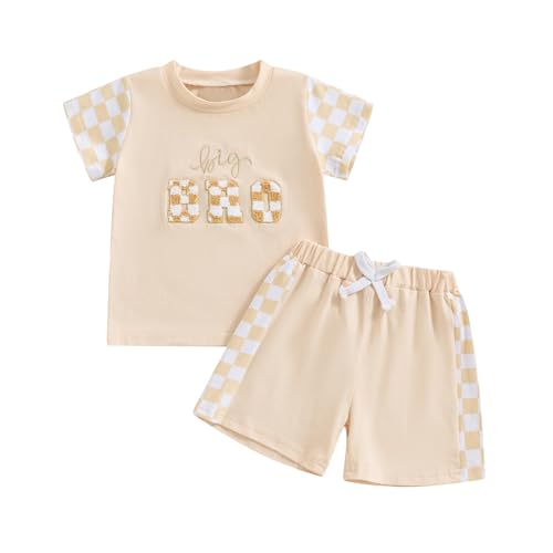 CHAUKAREAUL Summer Sister Matching Outfits Letter&Floral Embroidery Short Sleeve T-Shirt with Solid Color Shorts (Apricot-plaid big, 12-18 Months)