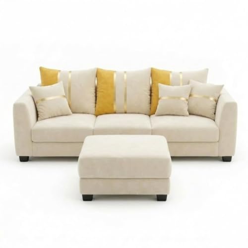Image of Vero Plush Comfort Sofa Set | 3 Seater + 2 Seater with Ottoman | Luxury Velvet Suede Fabric | Modern Living Room Sofa | Cream