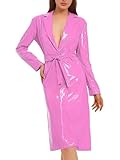 Hedmy Damen Lack Leder Trenchcoat Langer Elegant Revers Pu Leder Mantel Wetlook Jacke mit Gürtel Rosa S