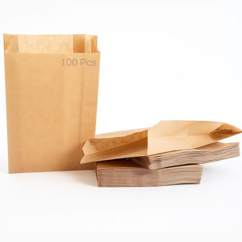 BOLSAS DE PAPEL Kraft Pequeñas 14+5x24 cm/Pack de 100 Bolsas Ecológicas y Reciclables para Bocadillos, Sandwich, Pan, Snacks y Alimentos – Bolsas Resistentes para Uso Alimentario, Hostelería