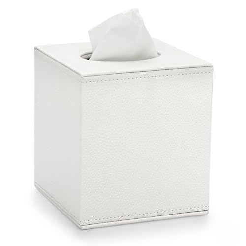 BTSKY Caja de pañuelos de piel sintética con forma de cubo – Funda cuadrada para caja de pañuelos para el hogar/oficina, caja de papel de seda texturizada, soporte para servilletas, color blanco