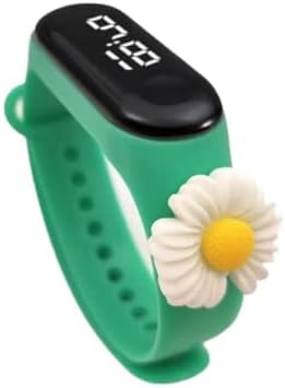Digital Dial Waterproof Stylish & Fashionable Wrist Smart Watch LED Band for Kids, Colorful Cartoon for Boys & Girls (Removable Silicon Strap) (Green Flower)