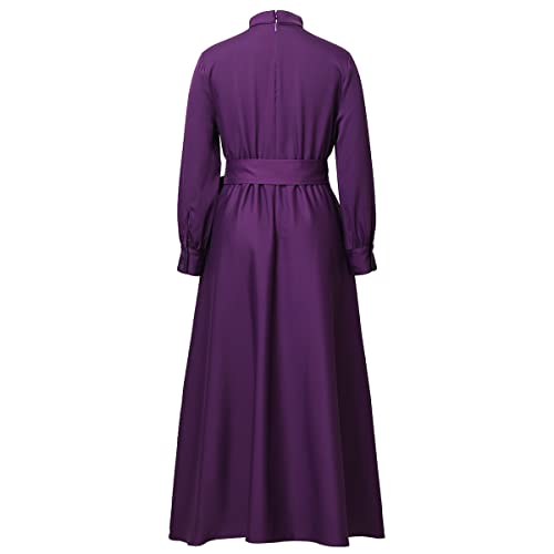 Image of CAMDOM Church Clergy Dress for Women Long Sleeve A Line Elegant Maxi Dress with Tab Insert Stand Collar and BeltA