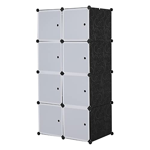 Tesmula 8 Cube Organizer Stackable Plastic Cube Storage Shelves Design Multifunctional Modular Closet Cabinet with Hanging Rod White Doors and Black Panels