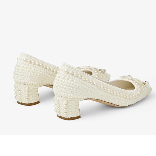 Goolita Pearl Block Low Heels for Wome, Bow Square Closed Toe Crystal Ballet Pumps Slip On Prom Evening Bridal Shoes for Wedding4