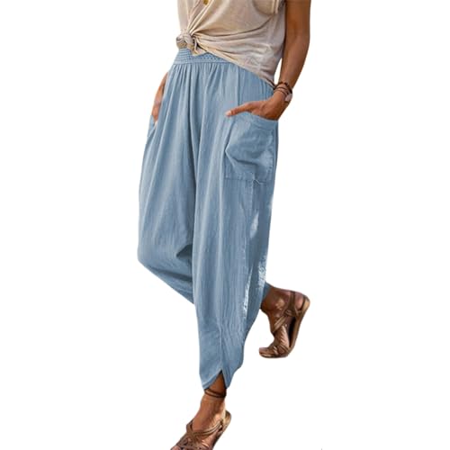 Women's Linen Pants Lantern Tapered Elastic Waist Cropped Pants Trousers with Pockets