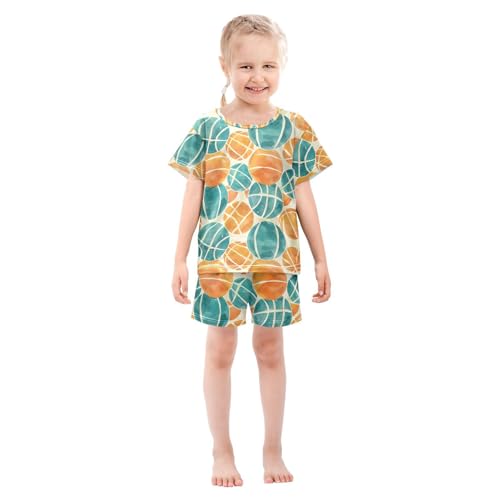 ALAZA Basketball Blue Yellow Pajamas Set Short Sleeve Cotton Sleepwear Summer Pjs 2 Piece 5-14Y3