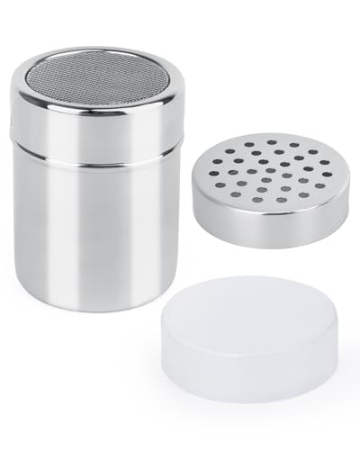 Acual Flour Shaker Chocolate Shaker for Cappuccino Dual Lid (Fine Mesh & Large Hole) Stainless Steel Salt Shaker for Kitchen Baking Cooking Cappuccino Coffee Latte Coffee