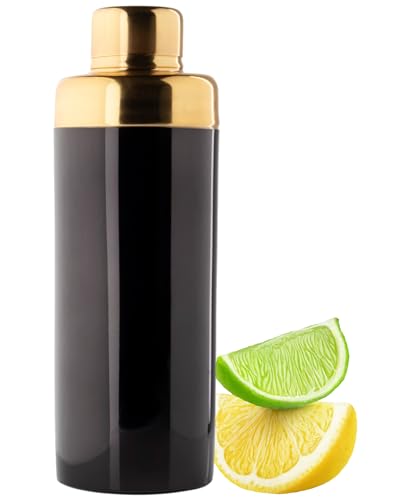 Stainless Steel Cobbler Cocktail Shaker Tool - 500ml (17fl oz). Built-in Ice Strainer, Silicone Seal & Spirit Measure Cap. Modern Design, Black & Gold in Colour, Great for Beginners & Professionals