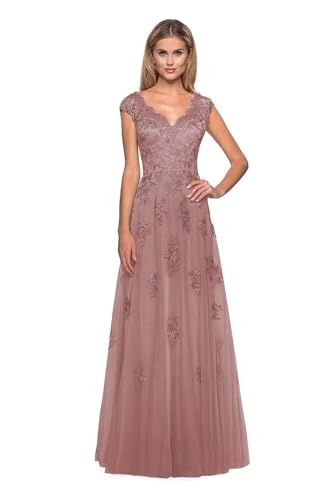 Mother of The Bride Dresses Cap Sleeve V-Neck Long Tulle Formal Evening Gowns for Women with Pockets
