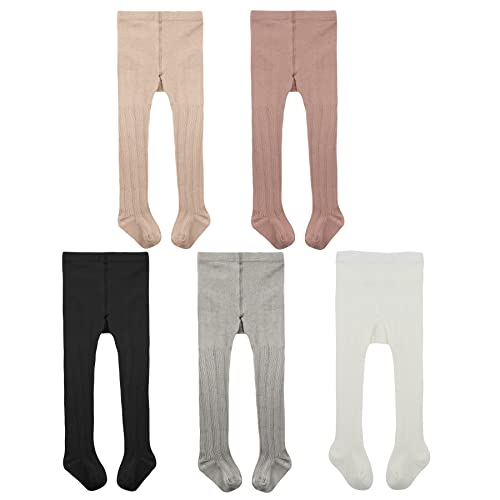Image of Zando Baby Girl Tights Ultra Soft Toddler Tights for Girls Cotton Cable Knit Baby Girls Leggings Infant Warm Pants Stockings Winter Stockings 0-6 Months Black & White & Light Grey & Pink & Nude