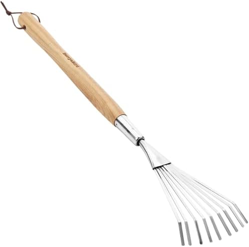 Berry&Bird Garden Hand Shrub Rake, 25" Stainless Steel Grass Rake, 9 Tines Fan Lawn Leaf with Ergonomic Ash Wooden Handle, Small Hand Rake for Sweep Leaves & Loose Debris in Garden, Lawns and Yards
