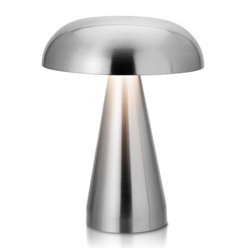 Silver Mushroom Table Lamp Portable Cordless Rechargeable LED Battery Tap Touch 3-Way Color Change Energy Efficient Metal Accent Lamp for Home Office Take on the Go Emergencies