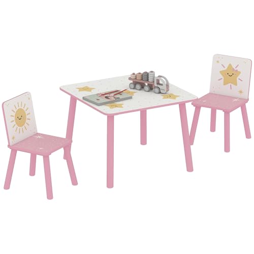 AIYAPLAY Mesa y Sillas Infantiles de 3 Piezas, Mesa Infantil con 2 Sillas de Madera de Pino, Juego de Muebles con Dibujos de Estrella para niños de +3 Años, para Dormitorio, Sala de Juegos, Rosa