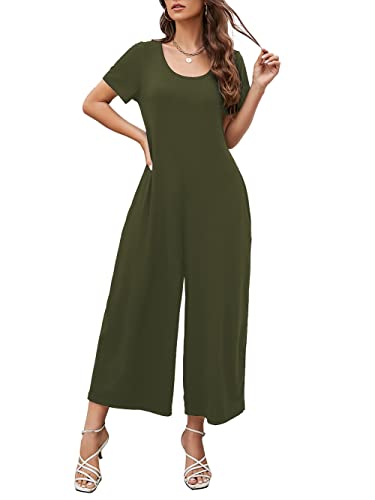 Btaiuo Womens Summer Loose Casual Romper Long Pants Fashion Short Sleeve Crewneck Jumpsuit With Pockets Large Army Green #TOP2