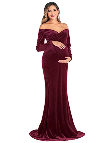 JustVH Velvet Maternity Off Shoulder Half Circle Fitted Gown Maxi Photography Dress for Baby Shower Photo Props Dress Burgundy - Image 4