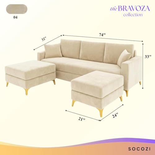 Image of SOCOZI Bravelle 5 Seater L Shape Sofa Set with 2 Movable Ottomans | Flexible Layout| Soft Velvet Suede Fabric| Modern Sofa | Plush Comfort Cushions for Living Room (Cream Color)