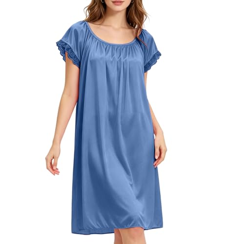 Silky Nightgown for Women Contrast Lace Short Sleeve Mid
