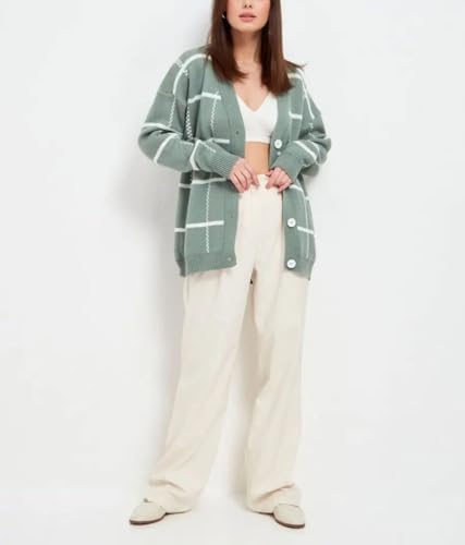 chouyatou Women's 2025 Plaid Button Down Cardigans Checkered V Neck Knit Cardigan Sweater Jacket Outerwear Coat4