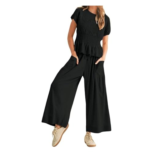 Flowy Sets Women 2 Piece Outfits Boho Two Piece Lounge Sets For Women Summer Pants Set With Smocked Ruffle Top Wide Leg Pants