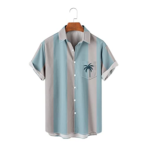 Camisa de bolsillo suelto con estampado de árbol de coco a rayas Camisa de manga corta estilo hawaiano, e, 3XL Cover