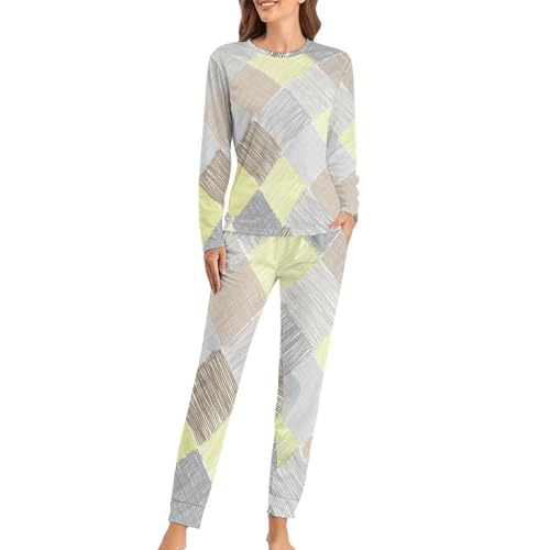 Ensemble de pyjama femme damier vêtement de nuit t-shirt manches longues pantalon