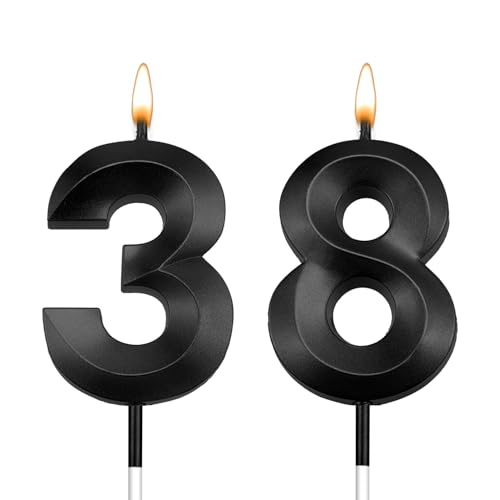 38 Birthday Candles 38th Birthday Candle Black 83rd Candles for Cake 38th Birthday Decorations for Her Him 38 Birthday Cake Topper Velas De Cumpleaños 38 Birthday Decor Wedding Anniversary Numeral