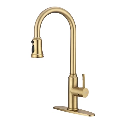 Trysea Kitchen Faucet with Pull Down Sprayer,Stainless Steel Sink Faucet with Deck Plate,Single Handle High Arc Brushed Gold Pull Out Kitchen Faucets