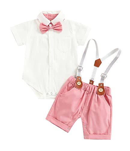 Image of Qiylii Infant Baby Boys Short Sleeve Bowtie Buttons Bodysuit Shirts Suspender Shorts Casual Summer Clothes