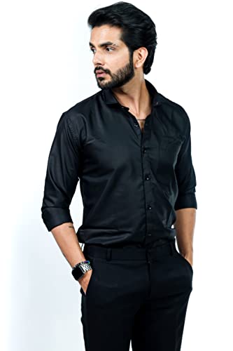 Image of HARPITA Men's Solid Regular Fit Cotton Casual Shirt with Spread Collar & Full Sleeves