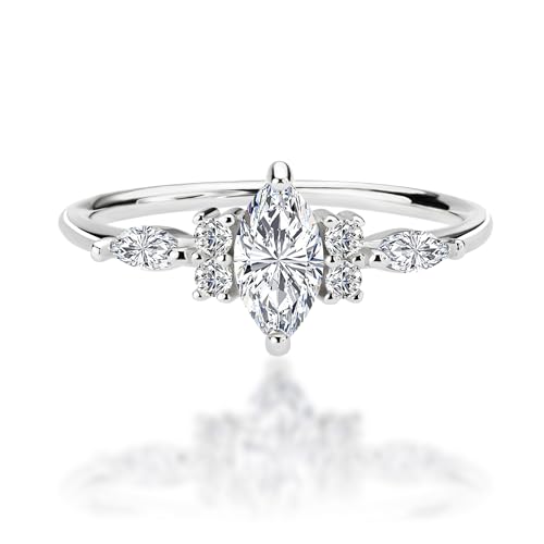 1 Carat Marquise Cut Moissanite Engagement Ring with Side Stones, 925 Sterling Silver Plated 18K White Gold Ring for Women