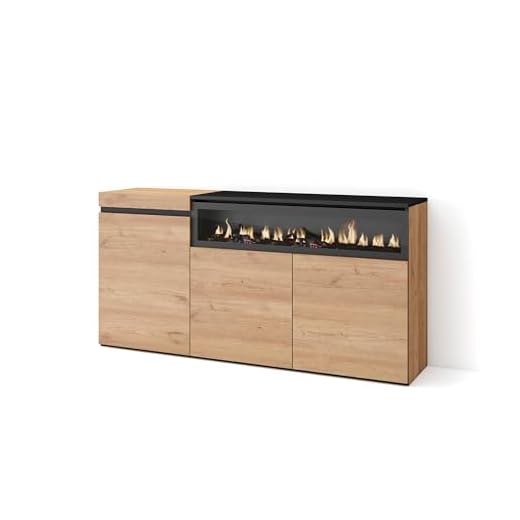 Skraut Home | Aparadores para salón | Gran Capacidad de almacenaje | 150x75x35cm | 3 Puertas | Chimenea eléctrica | Estilo Moderno | Roble y Negro
