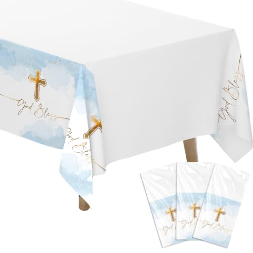 Owelleny God Bless Baptism Tablecloth Decorations for Boys 3Pcs Disposable Gold Blue Communion Party Table Cover Supplies for Christening Baby Shower Religious 55in x 86in