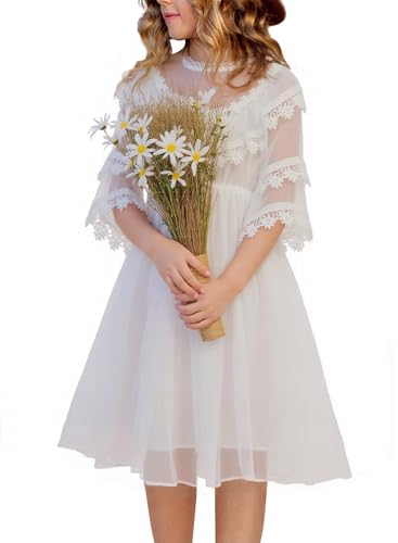 New 3-15Years Girls White Lace Dress Flutter Sleeve Vintage Boho Style Flower Girl Wedding Party Special Occasion
