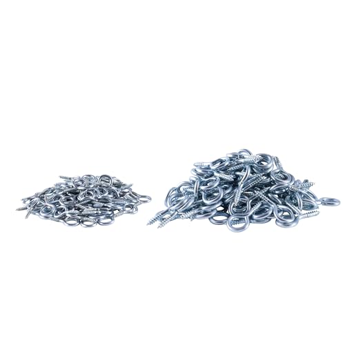 TIOMIOSEA 200 tornillos pequeños con ojal, gancho de rosca para el ojo de metal, niquelado para madera, fijación de cables de cable, acero inoxidable, dos tamaños, 6,3 x 19,67 mm, 9,86 x 35,22 mm